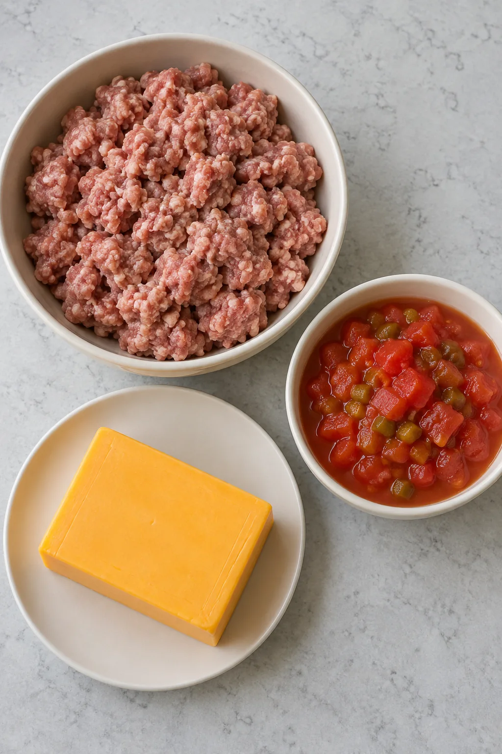 Pork sausage, processed melting cheese, and undrained diced tomatoes with green chilies