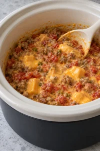Partly melted cheese with sausage and tomatoes during slow cooking