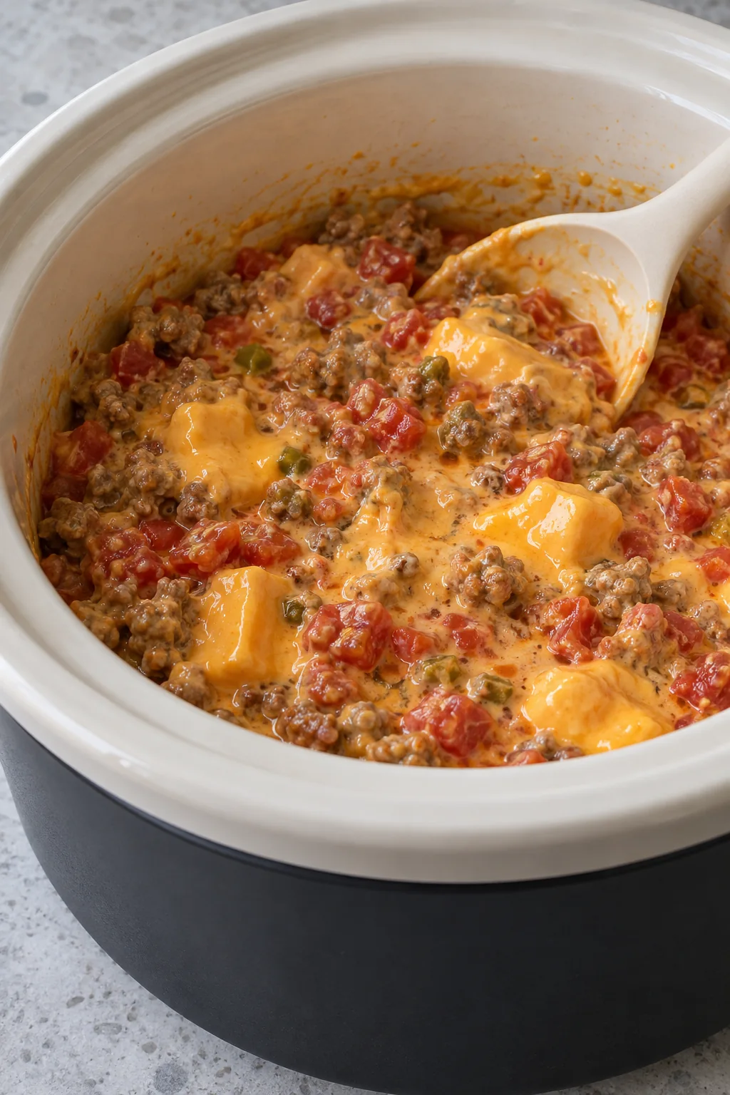 Partly melted cheese with sausage and tomatoes during slow cooking