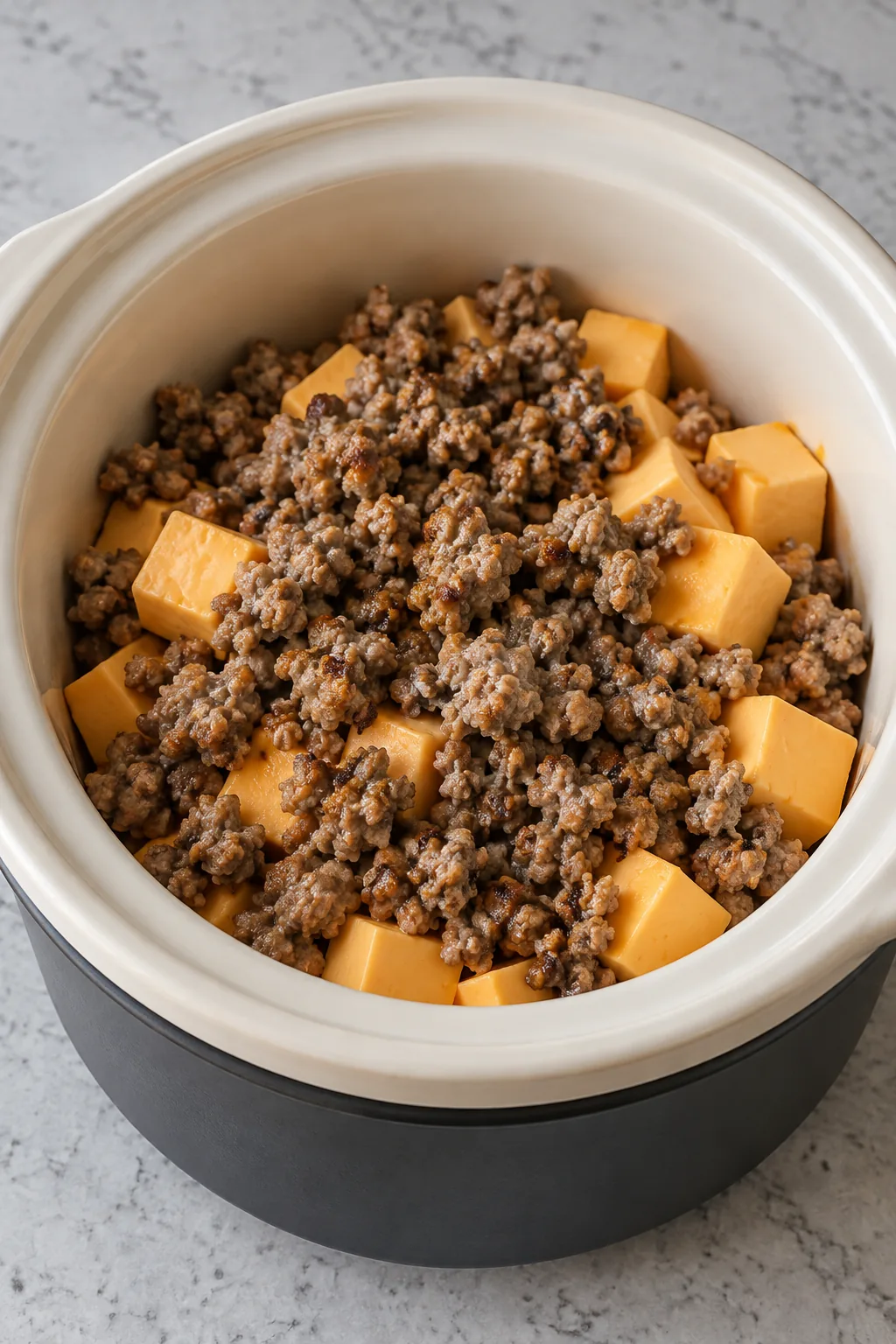 Browned and drained sausage layered over cheese cubes in the slow cooker