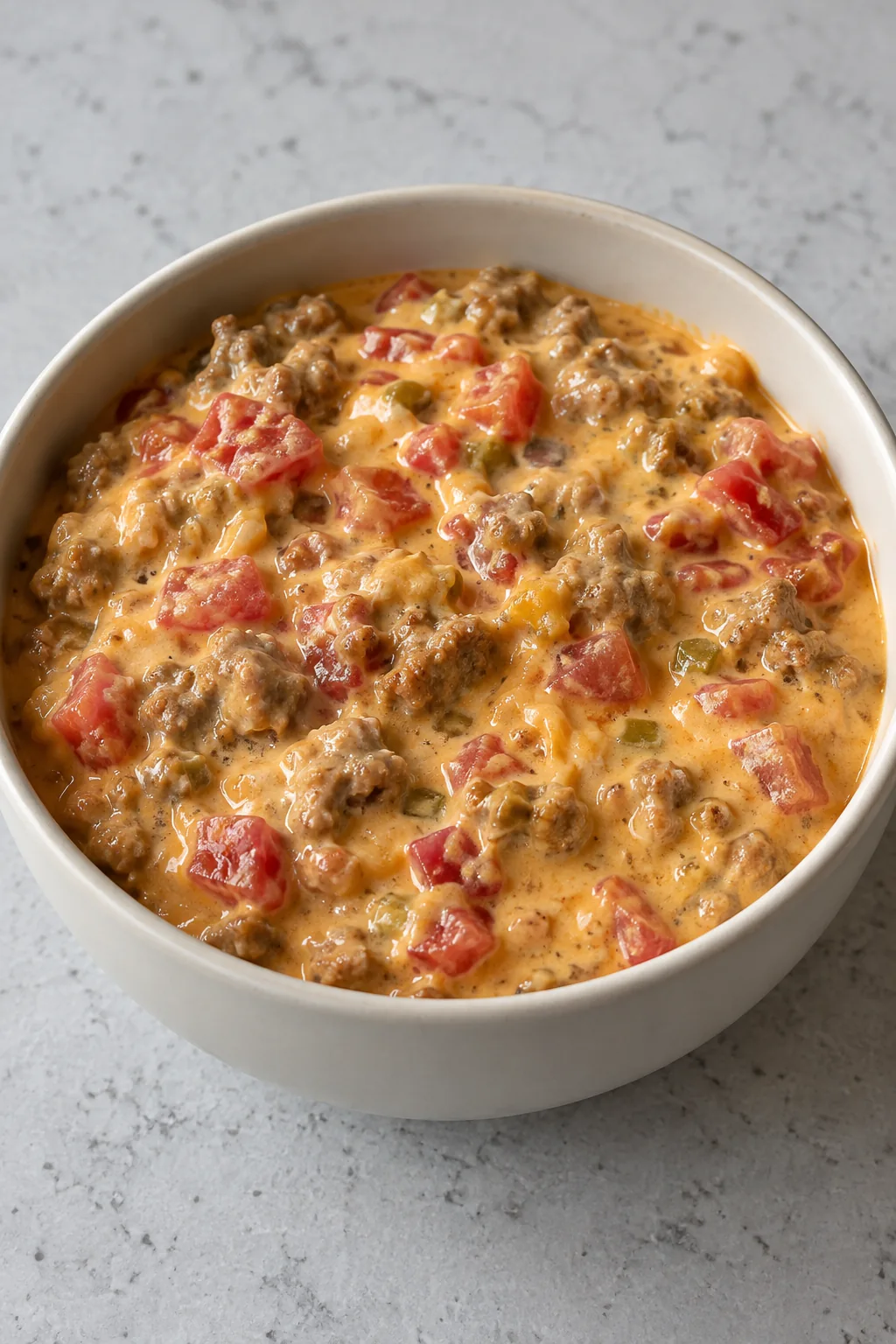 A small bowl of smooth melted cheese dip with sausage and diced tomatoes