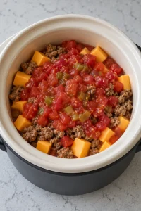 Diced tomatoes with green chilies and their liquid added to the cheese and cooked sausage