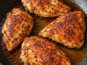 Four whole smoked paprika chicken breasts with a lightly browned spice crust in a skillet
