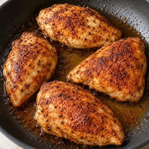 Four whole smoked paprika chicken breasts with a lightly browned spice crust in a skillet