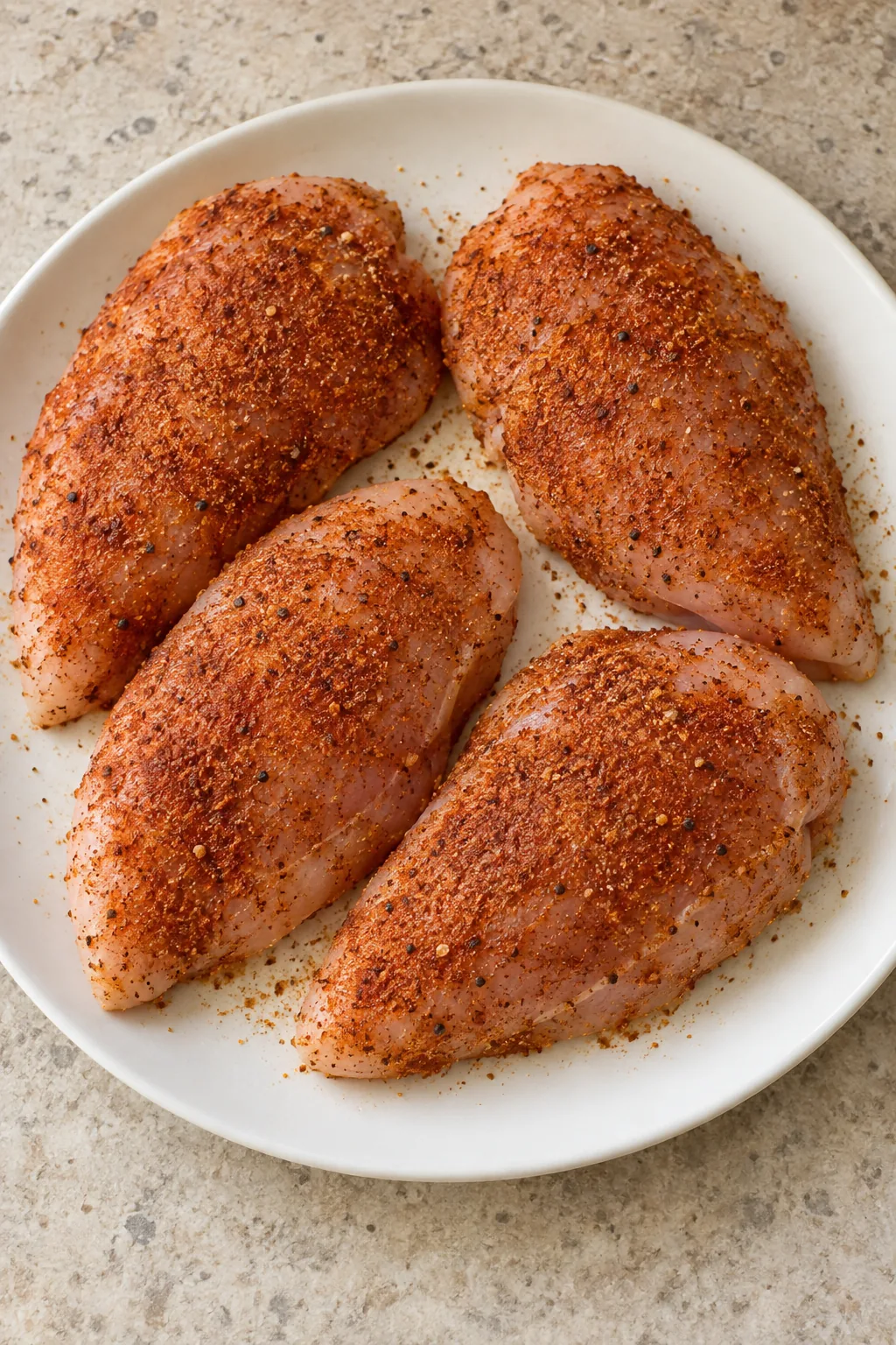 Four small raw chicken breasts evenly coated with smoked paprika seasoning on a white plate