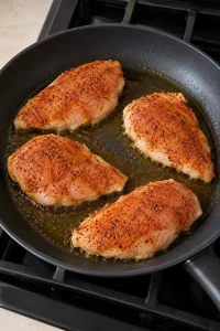 Seasoned chicken breasts cooking on their first side in a lightly oiled skillet