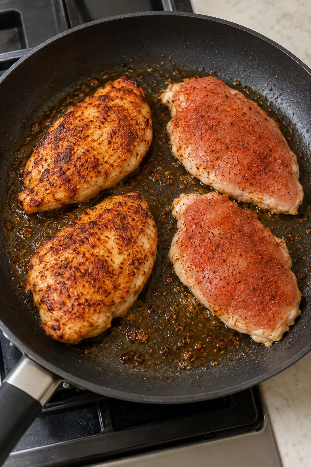 Paprika chicken in a skillet with two browned breasts turned over and two still cooking on the first side