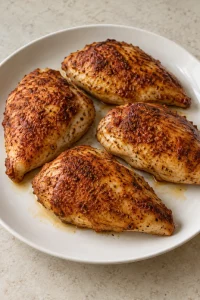 Four browned smoked paprika chicken breasts resting whole on a plain white plate