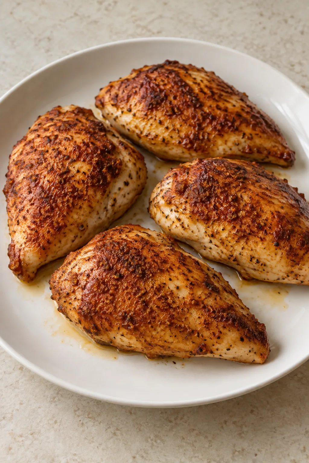 Four browned smoked paprika chicken breasts resting whole on a plain white plate