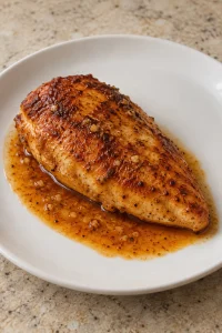 A whole smoked paprika chicken breast served with a small pool of lemon-garlic pan sauce