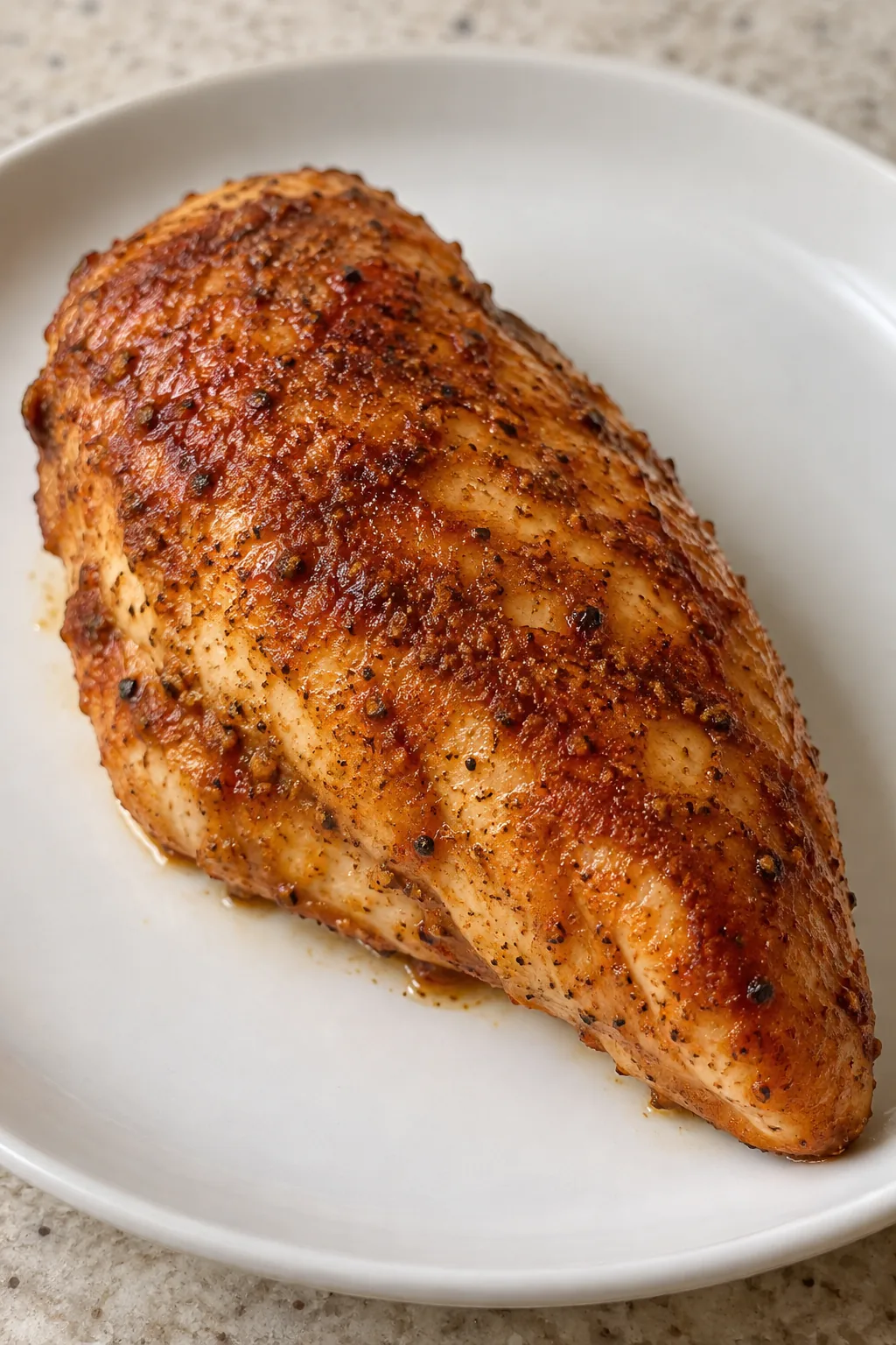 Close view of the lightly browned paprika spice crust on an intact chicken breast