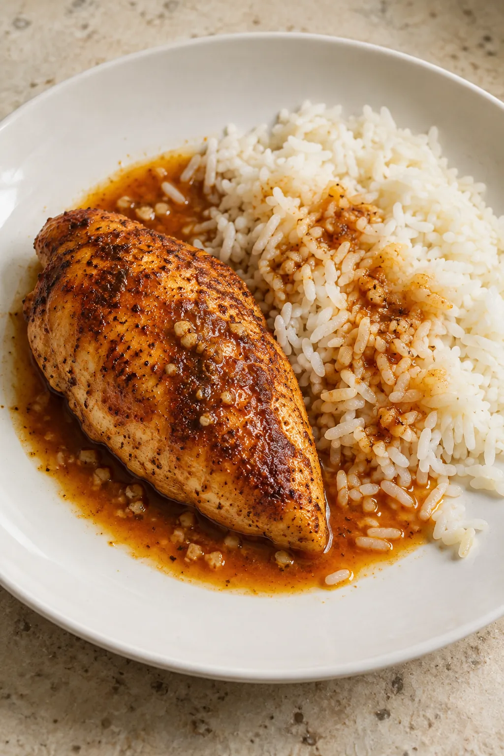 A whole smoked paprika chicken breast beside white rice with a little lemon-garlic pan sauce