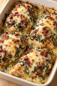 Close-up of melted cheese over smothered chicken with spinach, bacon, and mushrooms