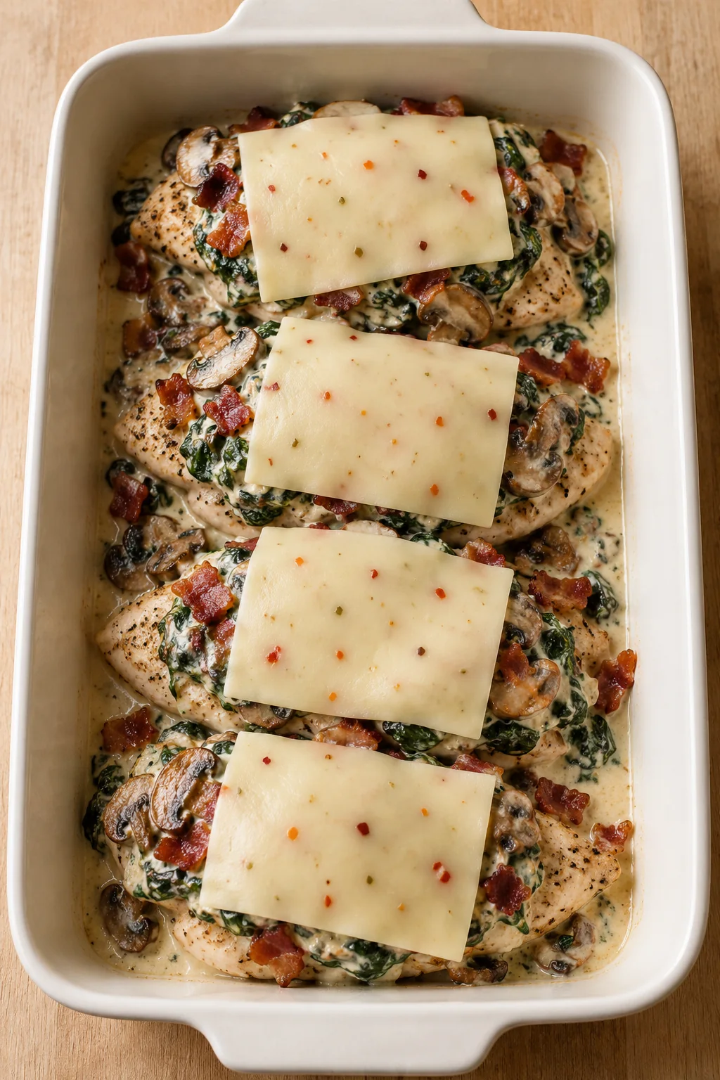 Pepper Jack slices covering the chicken toppings before the final bake