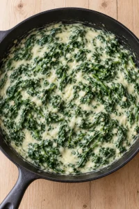 Creamed spinach with garlic and melted mozzarella in a skillet