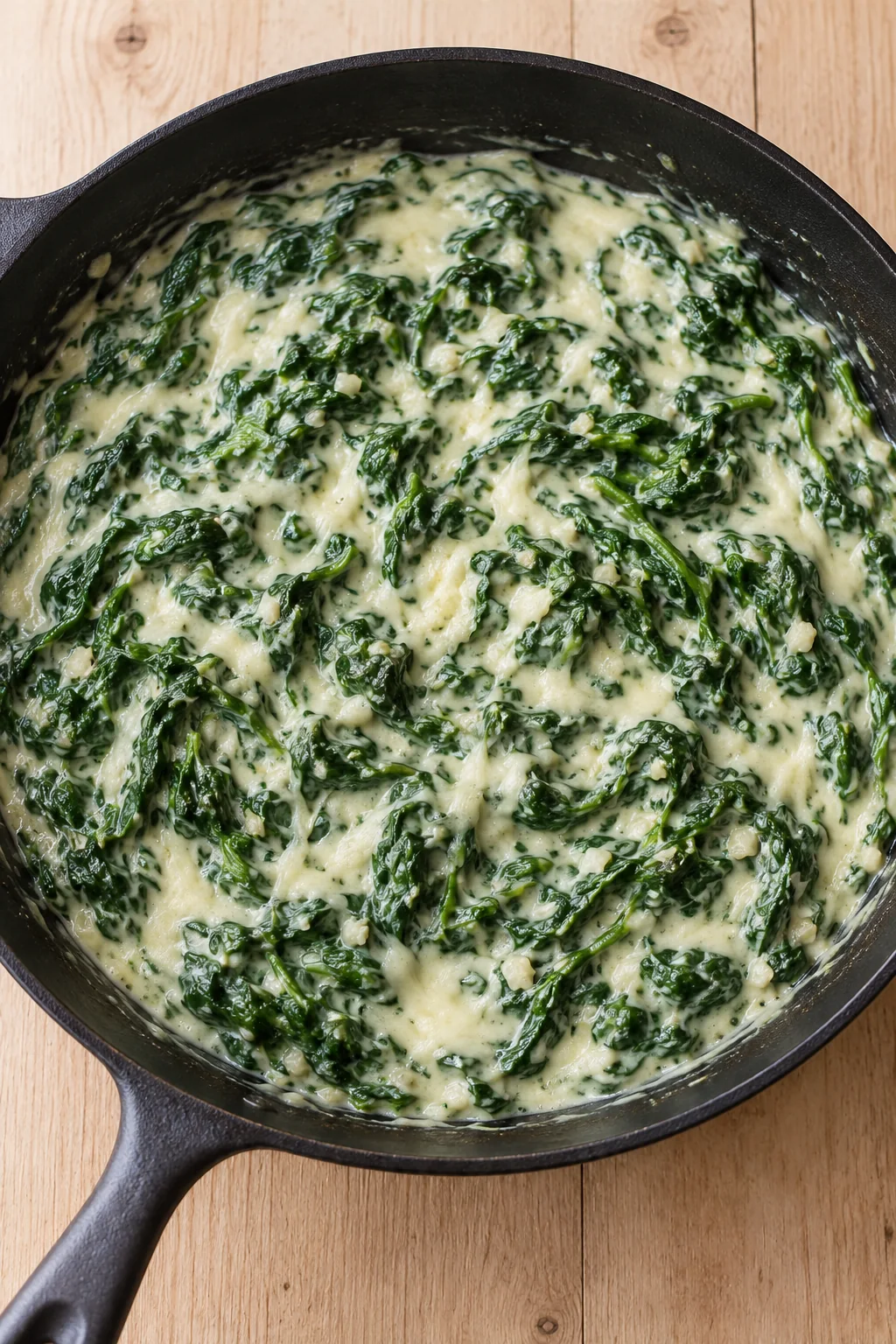 Creamed spinach with garlic and melted mozzarella in a skillet