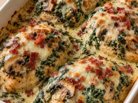 Four whole smothered chicken portions with creamed spinach, bacon, mushrooms, and melted Pepper Jack