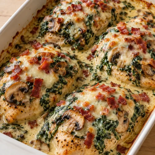 Four whole smothered chicken portions with creamed spinach, bacon, mushrooms, and melted Pepper Jack