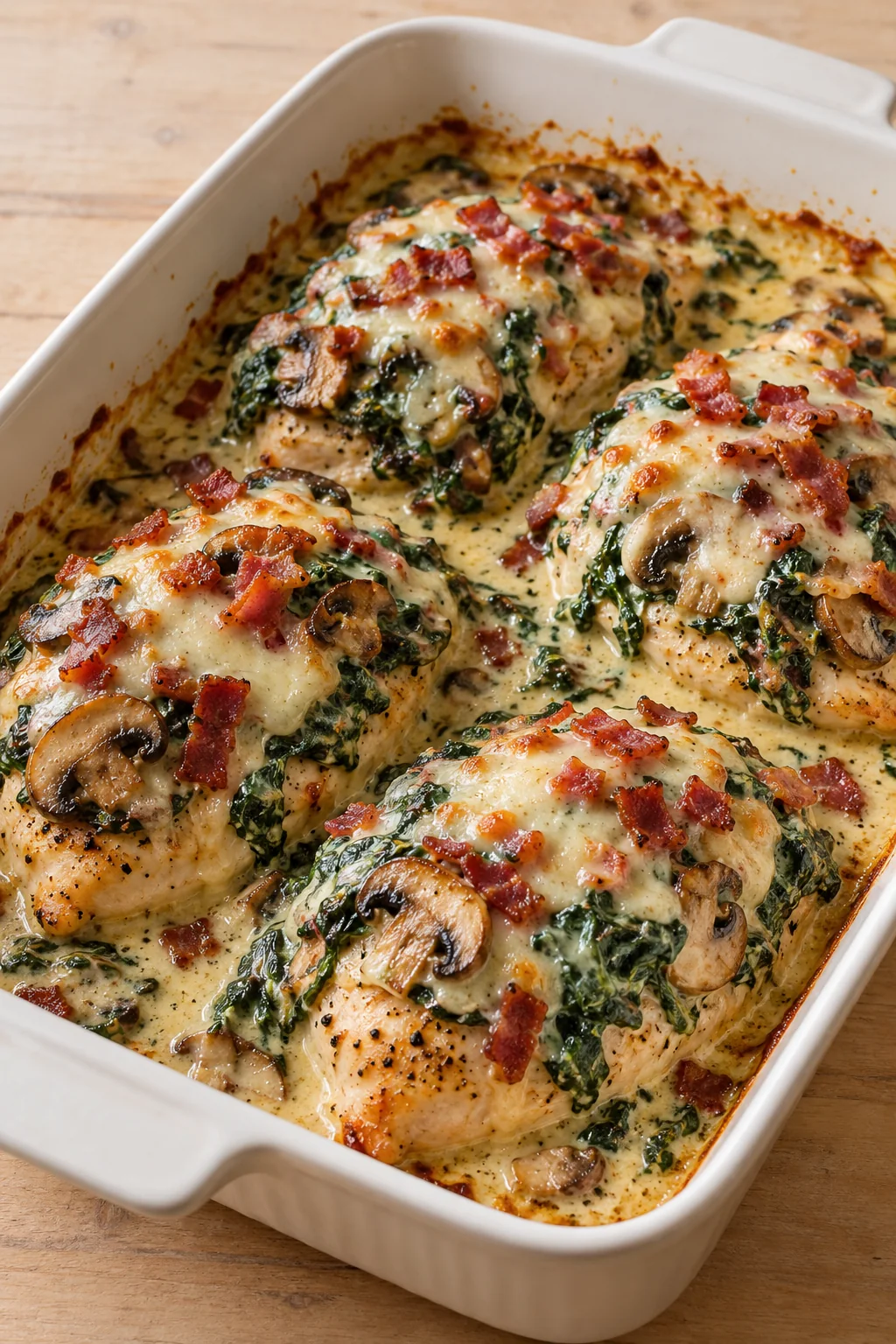 Four whole smothered chicken portions with creamed spinach, bacon, mushrooms, and melted Pepper Jack