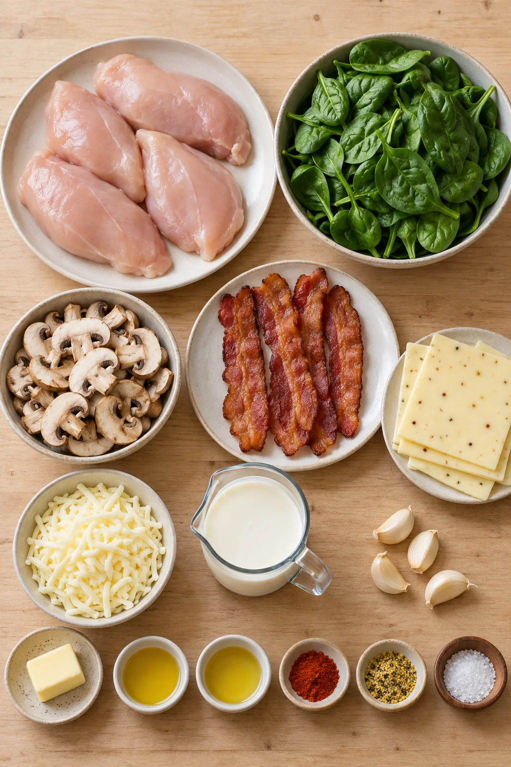 Ingredients for smothered chicken arranged on a pale wood surface