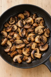 Sliced mushrooms with browned edges in a separate skillet