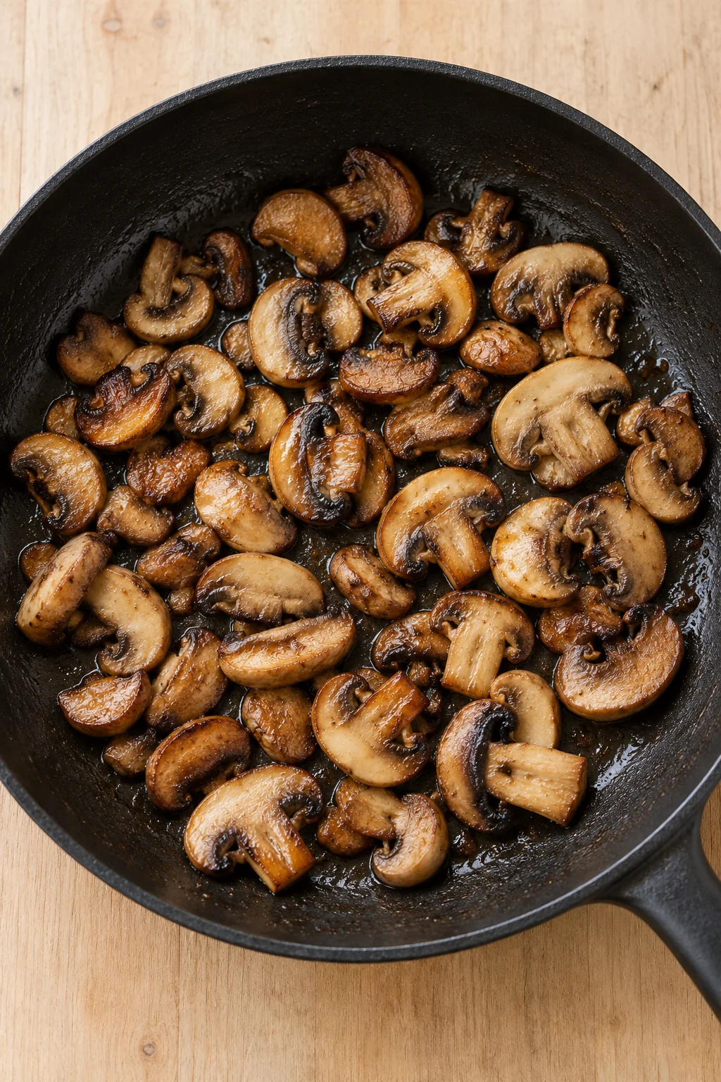 Sliced mushrooms with browned edges in a separate skillet