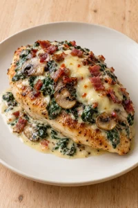 One whole smothered chicken portion with creamy toppings on an ivory plate