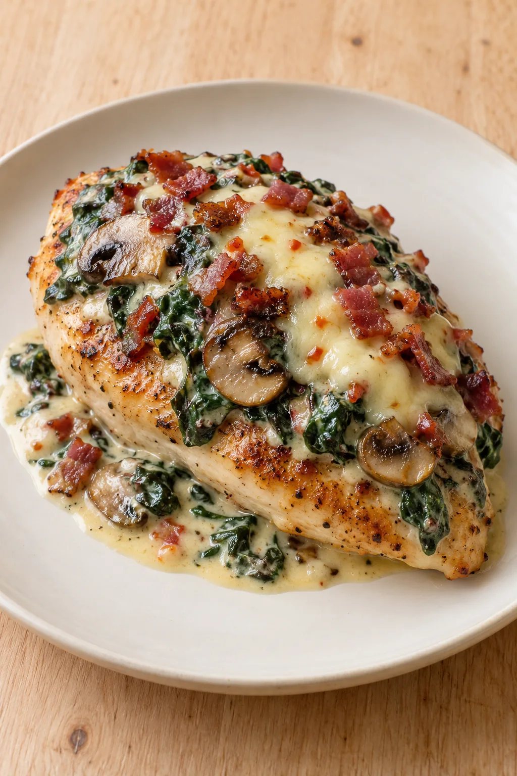 One whole smothered chicken portion with creamy toppings on an ivory plate