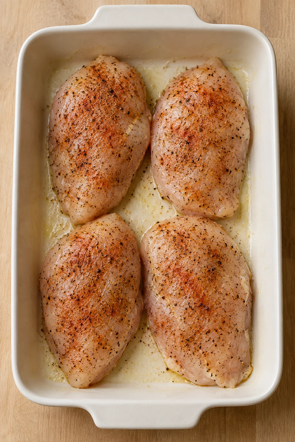 Raw chicken seasoned with paprika and lemon pepper in a buttered baking dish