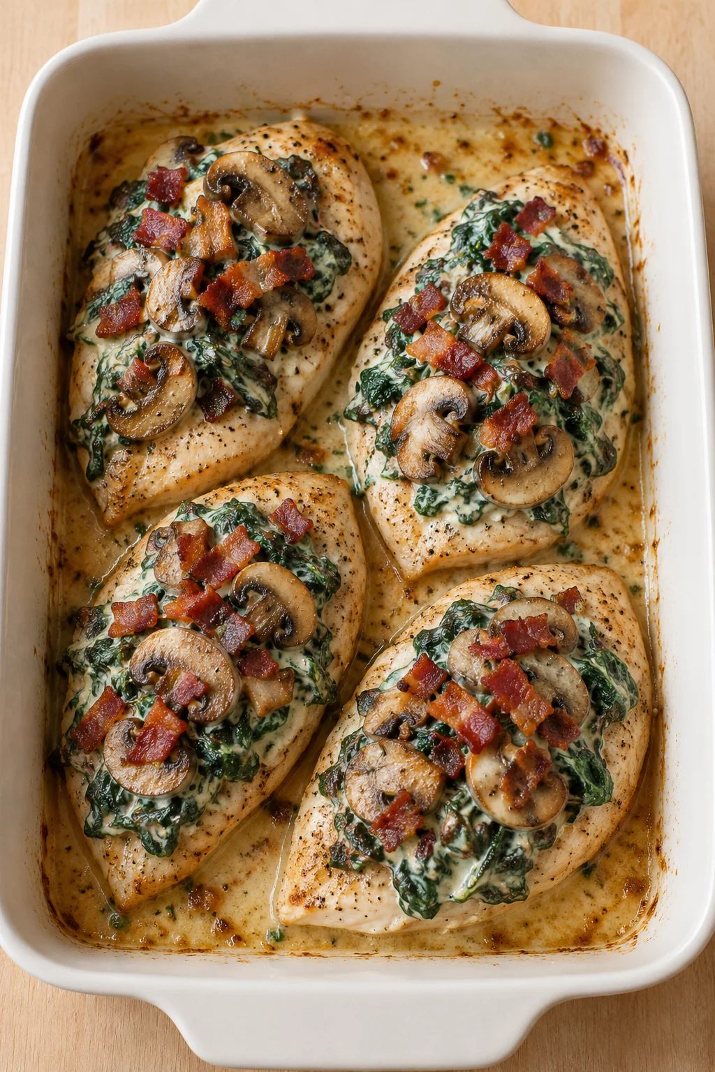 Partially baked chicken topped with creamed spinach, bacon, and mushrooms