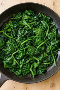 Spinach wilted in a dark skillet before adding the cream sauce