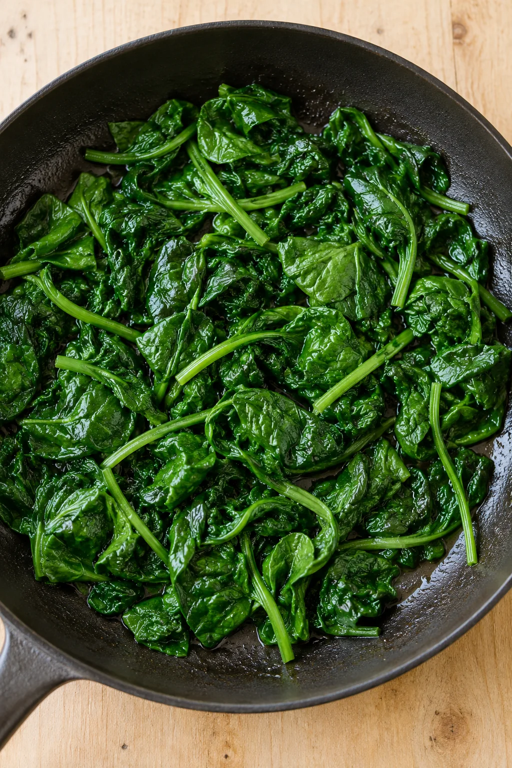 Spinach wilted in a dark skillet before adding the cream sauce