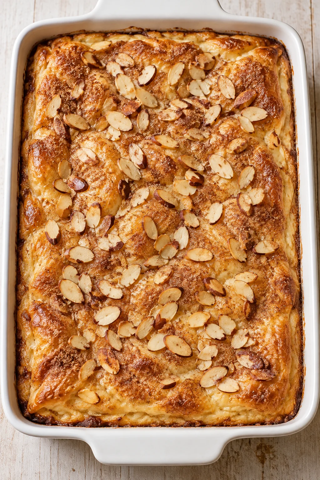 Overhead view of baked sopapilla cheesecake with golden pastry and toasted almonds.