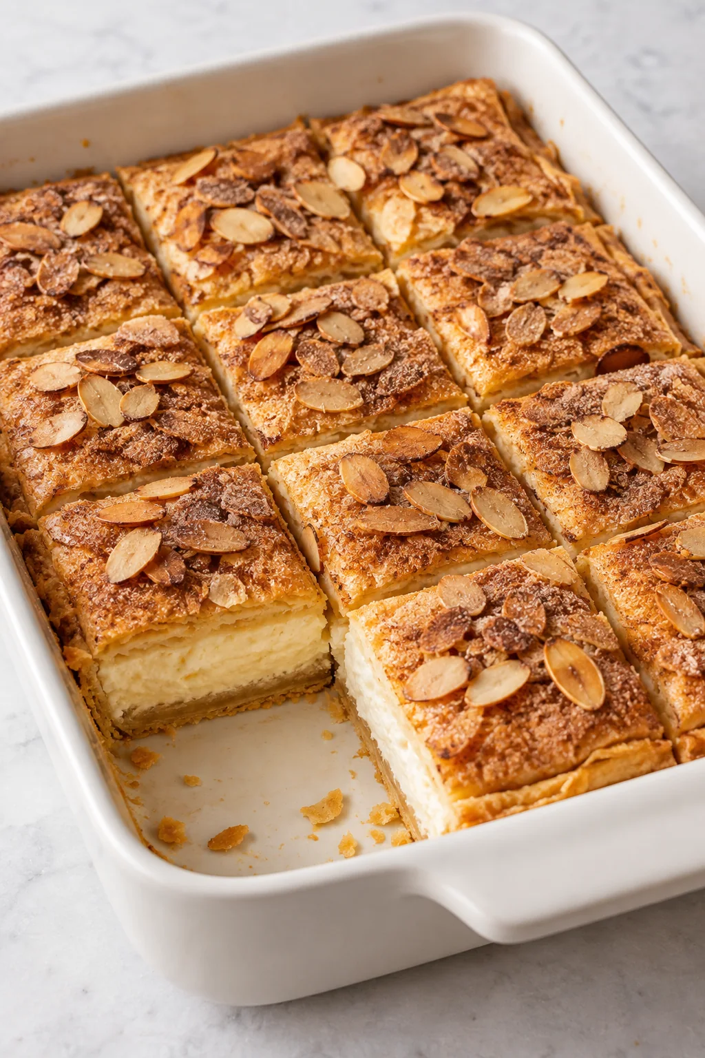 Cooled sopapilla cheesecake cut into squares with one serving removed to show the layers.