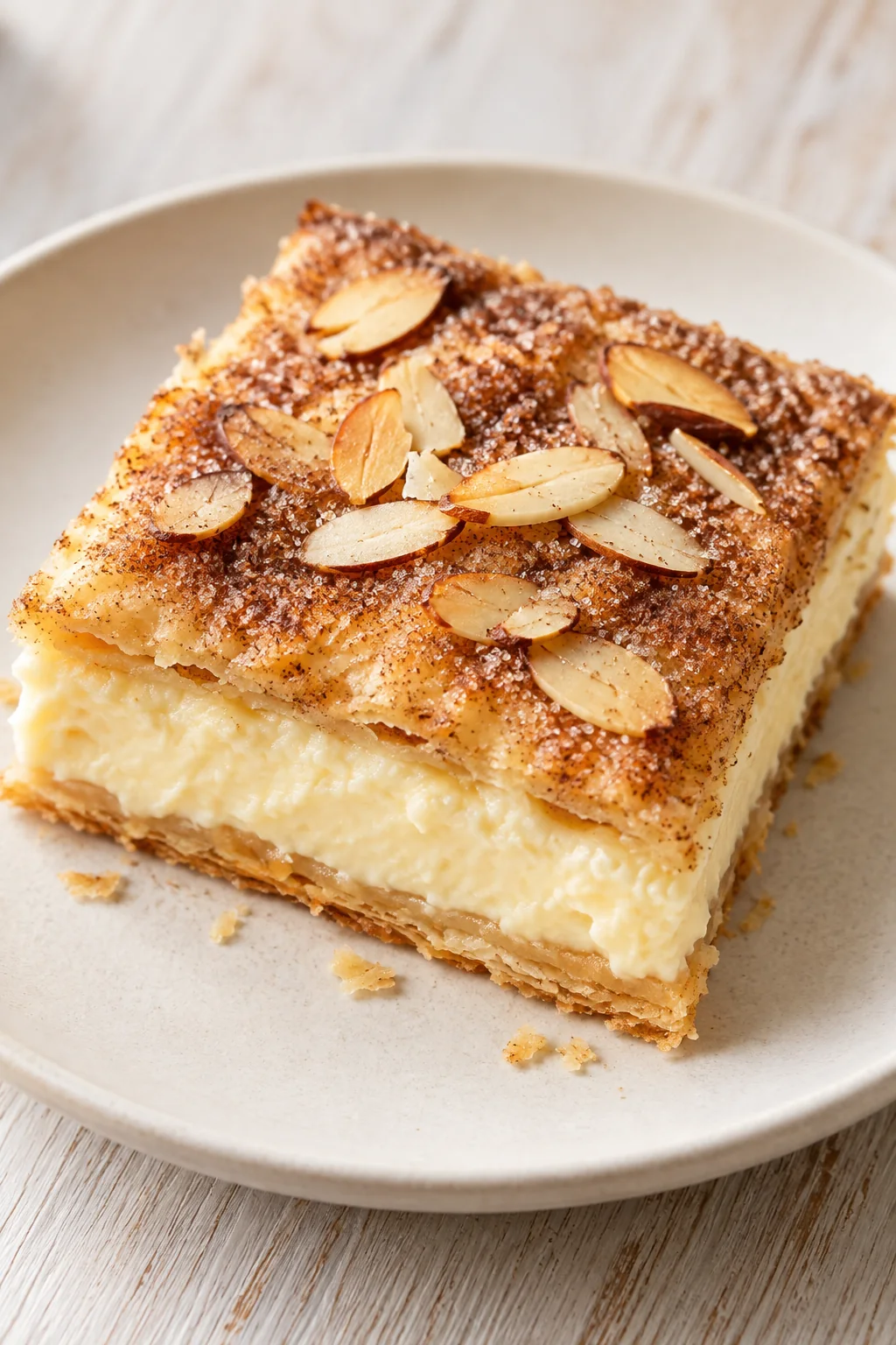 Sopapilla cheesecake square with creamy filling, pastry layers, and sliced almonds on an ivory plate.