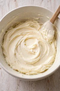 Smooth cream cheese filling mixed with sugar and vanilla in a bowl.