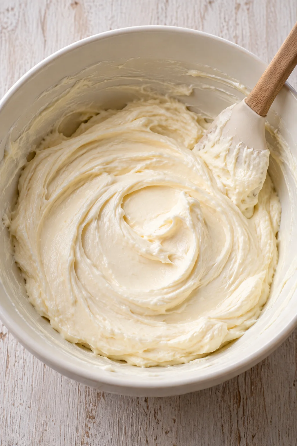 Smooth cream cheese filling mixed with sugar and vanilla in a bowl.