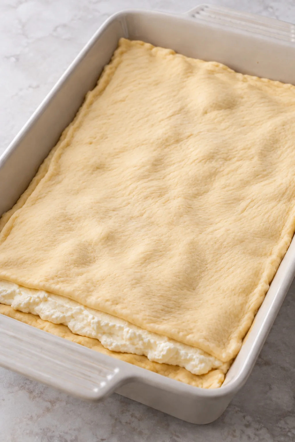 Second raw crescent dough sheet covering the cheesecake filling.