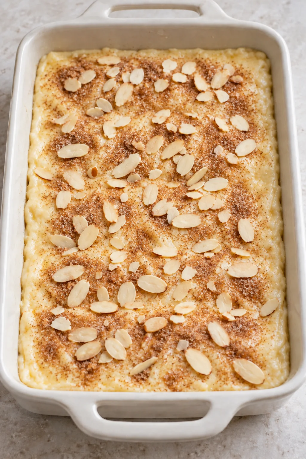 Unbaked sopapilla cheesecake topped with cinnamon sugar and sliced almonds.