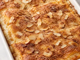Whole sopapilla cheesecake with cinnamon sugar and toasted sliced almonds in a rectangular baking dish.