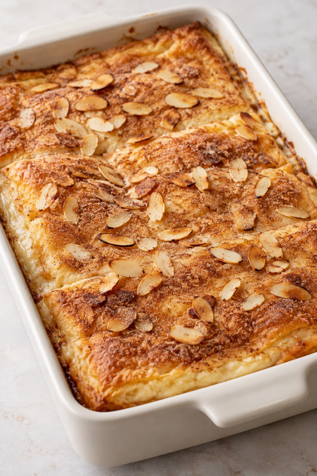 Whole sopapilla cheesecake with cinnamon sugar and toasted sliced almonds in a rectangular baking dish.