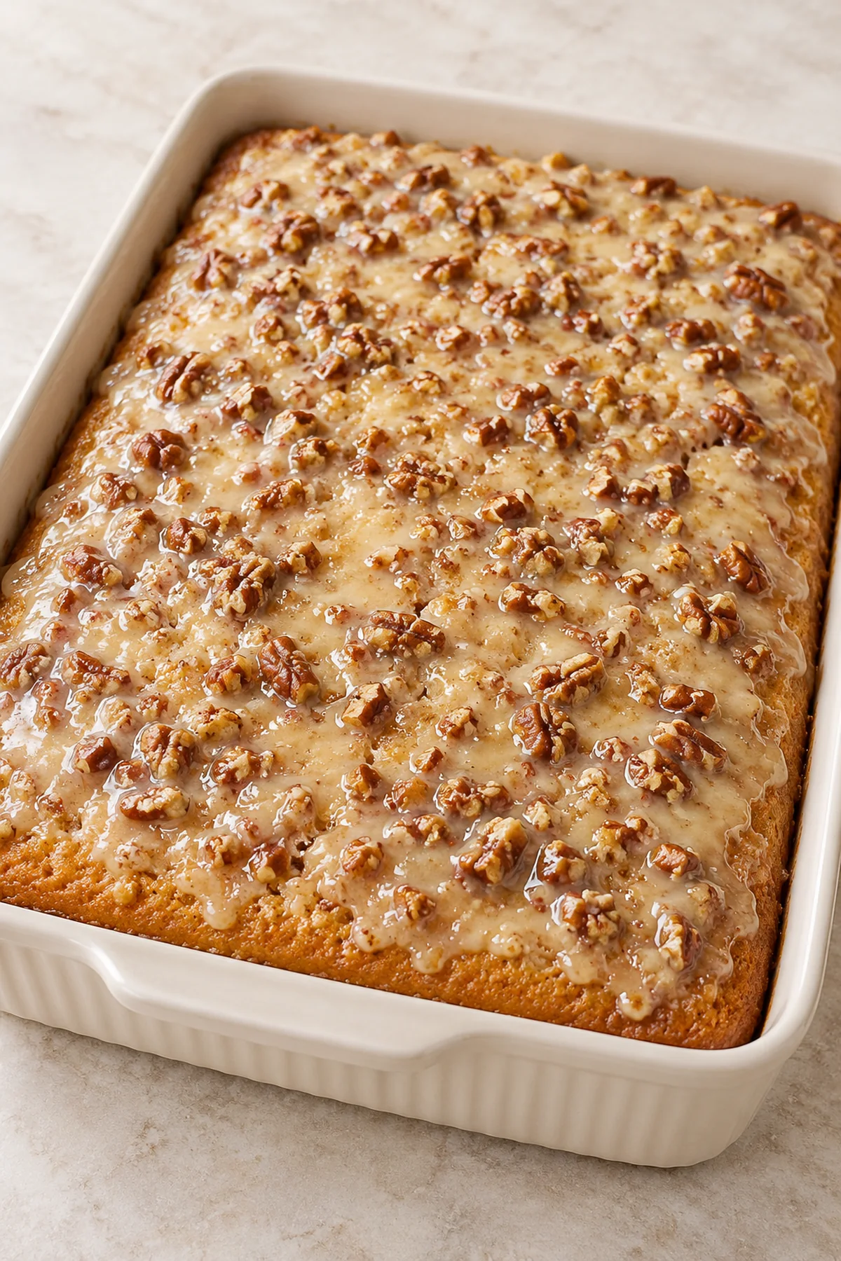 Southern pecan praline sheet cake with butter pecan glaze in a white baking dish