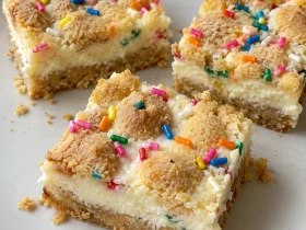 Sugar cookie cheesecake bars with a creamy center and a few rainbow sprinkles on a plain plate