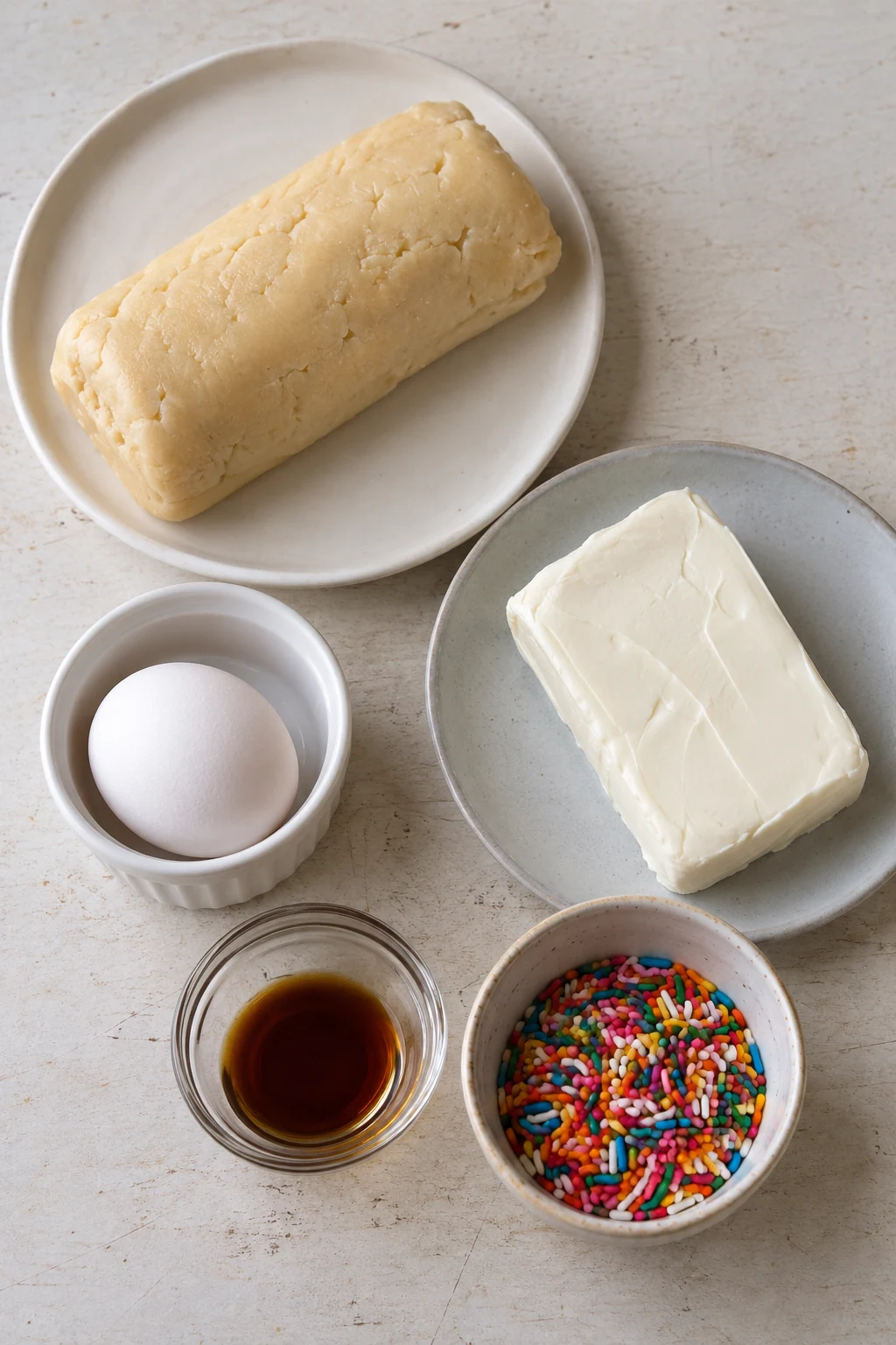 Refrigerated sugar cookie dough, cream cheese, an egg, vanilla extract, and rainbow sprinkles