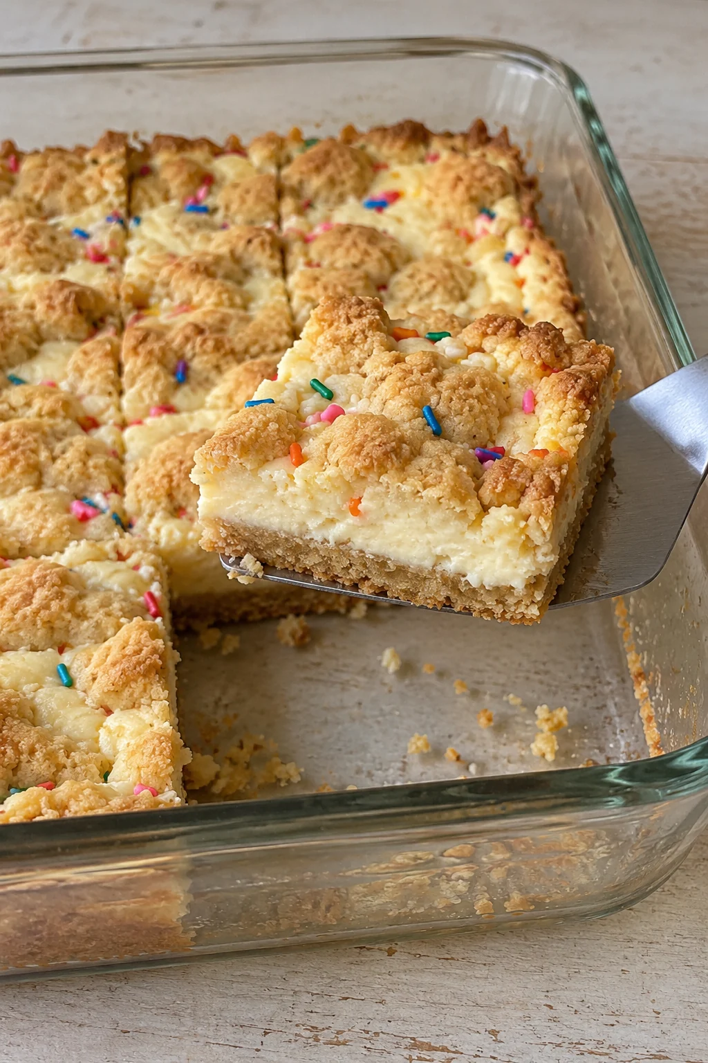 A sugar cookie cheesecake bar supported on a spatula above the cut pan