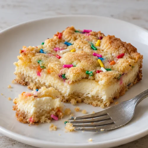 Close-up of the thin cookie crust and creamy cheesecake center of a sugar cookie bar