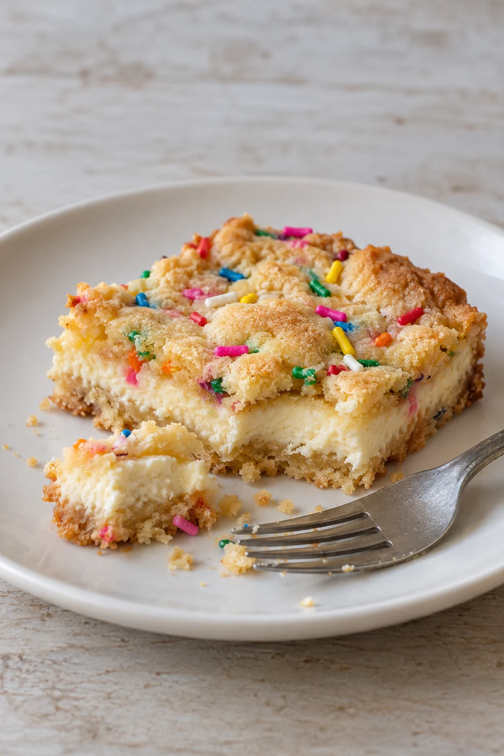 Close-up of the thin cookie crust and creamy cheesecake center of a sugar cookie bar