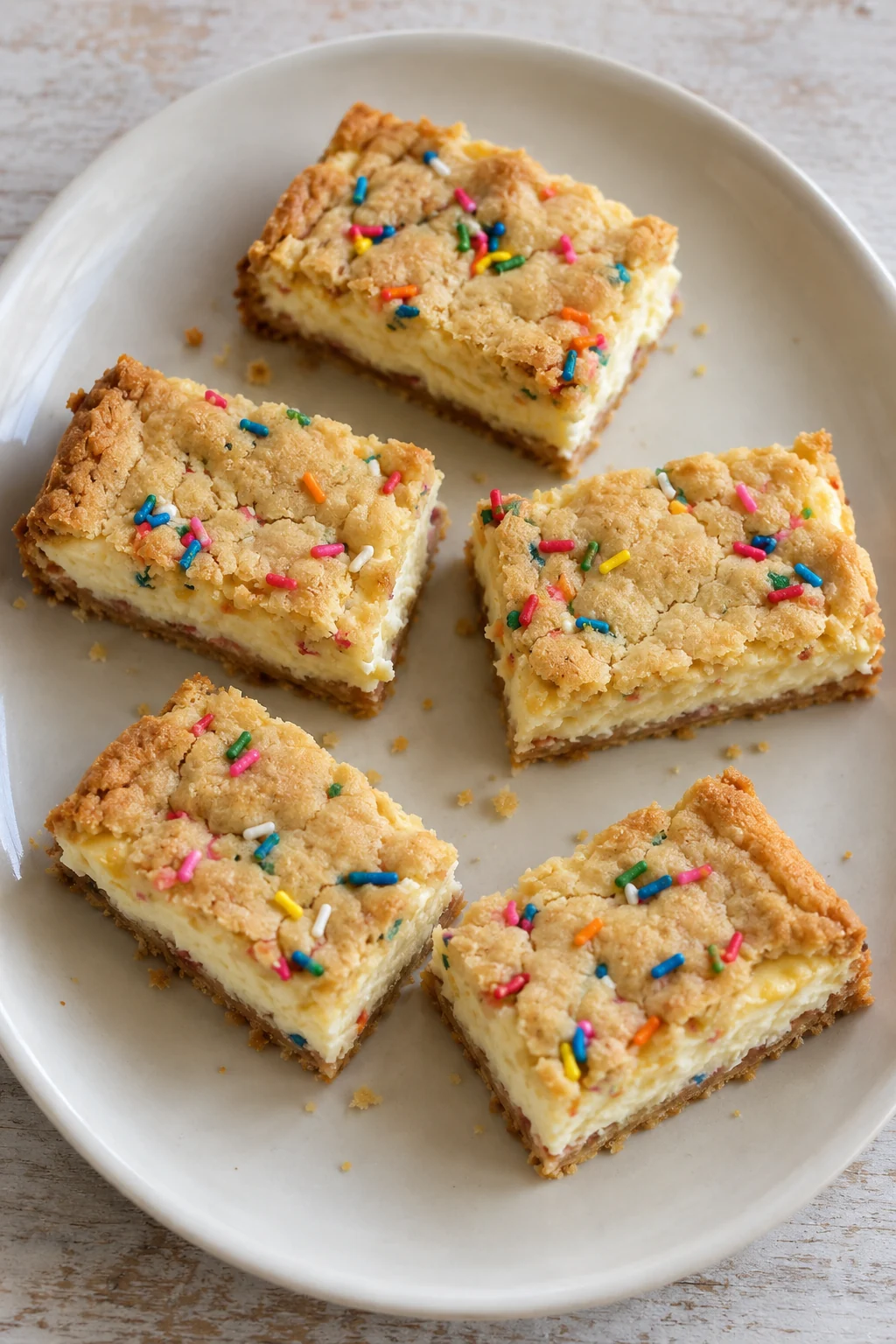 Several sugar cookie cheesecake bars arranged loosely on a simple serving plate