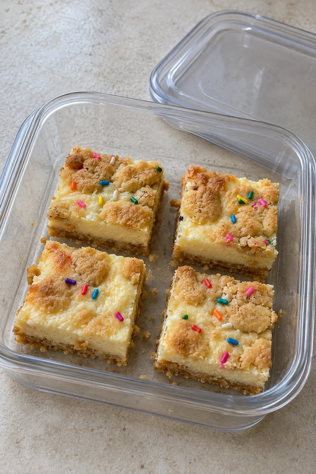 Sugar cookie cheesecake bars in a shallow food-storage container