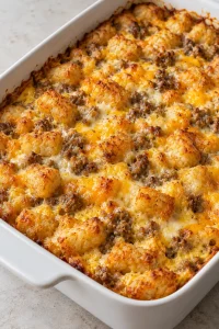 Golden tater tots, melted cheese, and sausage on the baked breakfast casserole